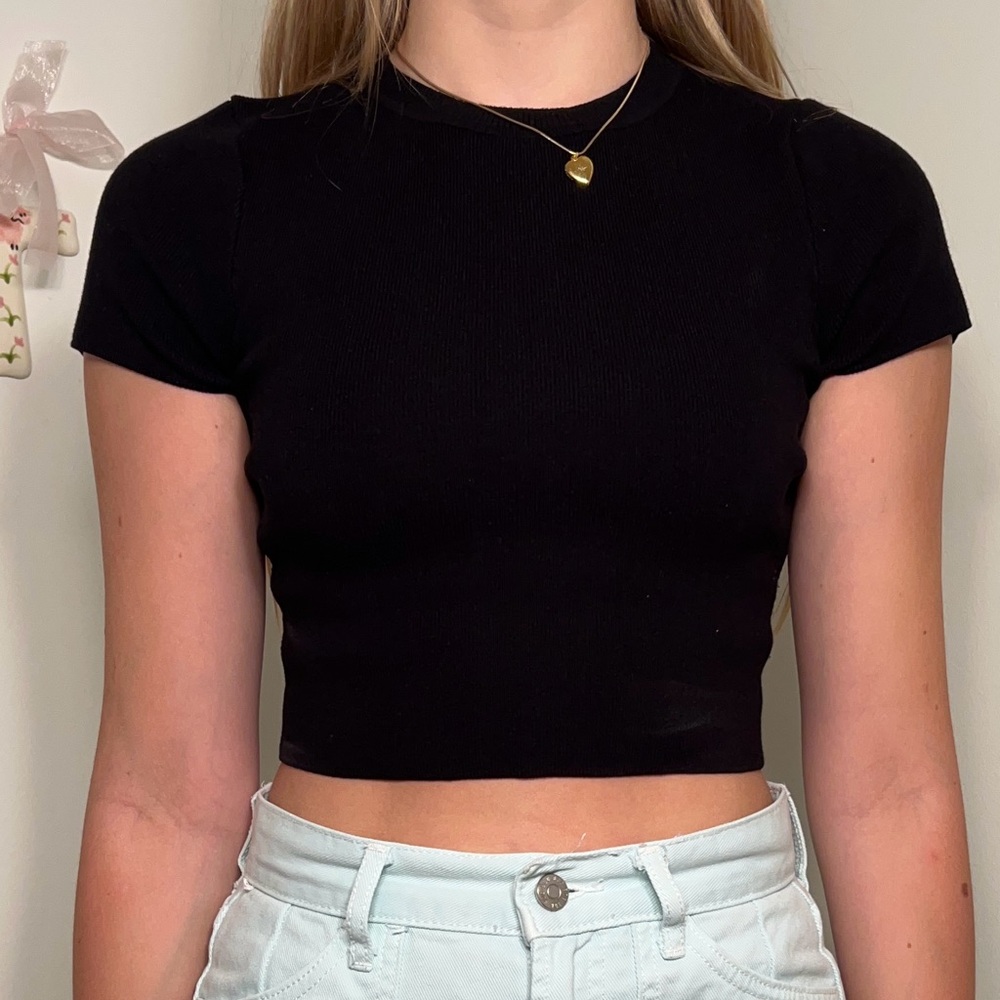 Zara Black Fitted Crop T-Shirt